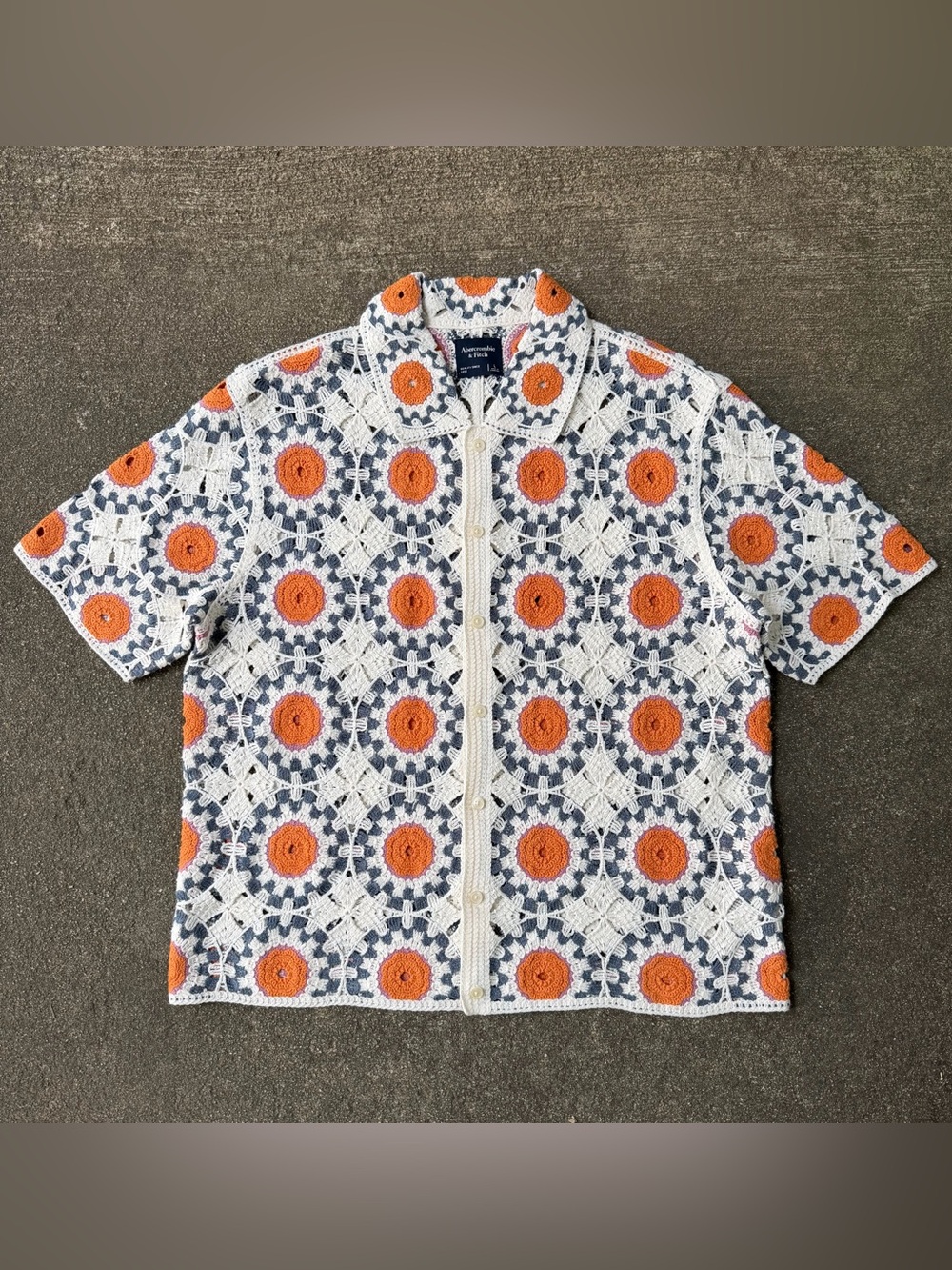 Abercrombie Fitch Crochet Knit Polo Button Through Shirt Lrg Granny Square Boho